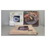 Three Etched Glass Trays With Boxes