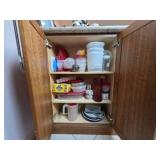 Cabinet Contents With Red Hobnail Vase
