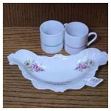 Floral Ceramic Dish and Two Small Cups