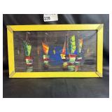 Framed Oil Painting of Boats at Night