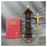 Christian Bible, Crucifix, and Holder Set