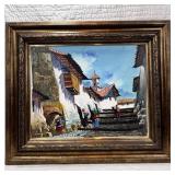 Framed Village Scene Oil Painting
