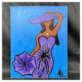 Signed Canvas Painting of Woman in Purple