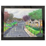 Signed Acrylic Painting of Neighborhood Scene