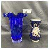 Two Blue Glass Vases With Unique Designs