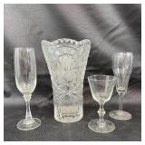Etched Glass Vase and Stemware Set