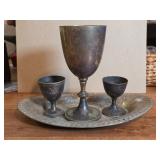 Engraved Metal Chalice Set with Tray
