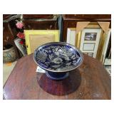 Blue Glass Pedestal Bowl w/ Silver Floral Design