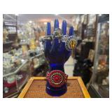 Blue Glass Hand Ring Holder w/ Assorted Rings