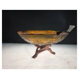 Amber Glass Ashtray w/ Wooden Stand