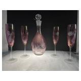 Pink Etched Glass Decanter & Flute Set