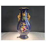 Blue Ceramic Vase w/ Floral Panels & Gold Handles
