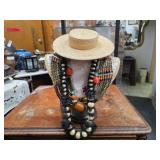Straw Hat w/ Assorted Beaded Necklaces