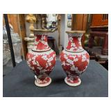 Chinese Cloisonne Red Vases w/ White Cherry