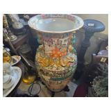 Chinese Rose Medalion Porcelain Vase w/ Wooden