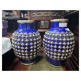 Antique Moroccan Blue Vases w/ metalwork