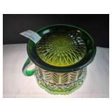 Green Glass Bowl w/ Handles & Patterned Design