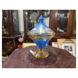 Blue & Gold Glass Covered Candy Dish