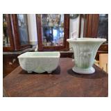 Two Akro Agate Green Marbled Slag Glass Planters