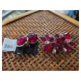 Red & Pink Rhinestone Brooch & Clip - On Earrings