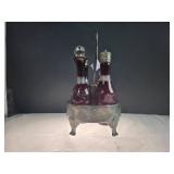 Red Glass Cruet Set w/ Metal Stand