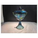 Blue Iridescent Glass Compote w/ Lid