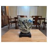Ceramic Landscape Vessel on Wooden Stand