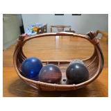 Decorative Glass Spheres and Woven Wicker Basket