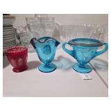 Ruby Red Pressed Glass and Blue Silver Overlay