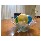 Ribbed Bowl and Four Decorative Glass Spheres