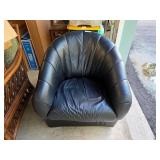 Postmodern Black Leather Swivel Barrel Chair