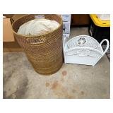 Gilt Rattan Hamper and White Wicker Holder