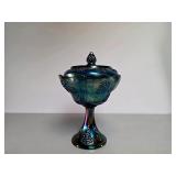 Blue Carnival Glass Footed Candy Dish with Lid