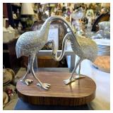 Vintage Silver Crane Sculpture Wood Base