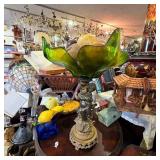 Green Glass Cherub Compote with Fruit