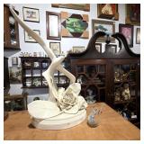 White Glazed Ceramic Bird & Flower Sculpture