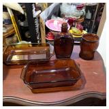 Vintage Amber Glass Bakeware & Flask Lot