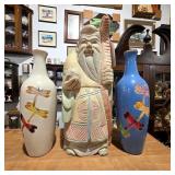 Carved Wood Figure & Ceramic Dragonfly Vases