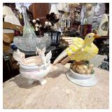 Ceramic Yellow Bird Figurine & Dove Bowl