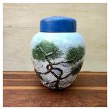 Signed Bauer Lidded Jar with Tree Relief