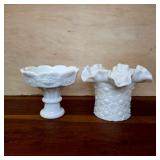 Two White Footed Compote and Ruffled Rim Vase