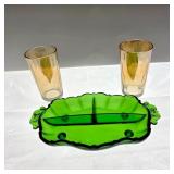 Green Divided Dish and Tumblers Lot