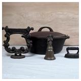Group of Dutch Oven, Boot Scraper, Bell & Iron