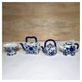 Blue and White Miniature Teapots & Footed Dish