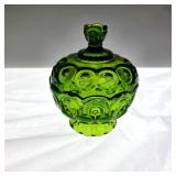 L.E. Smith Moon and Star Green Glass Covered Dish