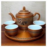 Bamboo-Woven Panda Motif Tea Set with Tray