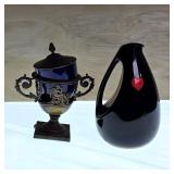 Covered Urn with Liner & Glazed Black Pitcher
