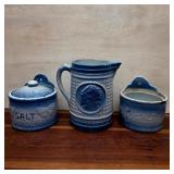 Blue & White Stoneware Pitcher and Salt Boxes