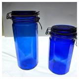 Cobalt Blue Glass Wire Bail Canister Jars, Pair