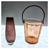 Vintage Etched Ice Bucket and Purple Bud Vase
